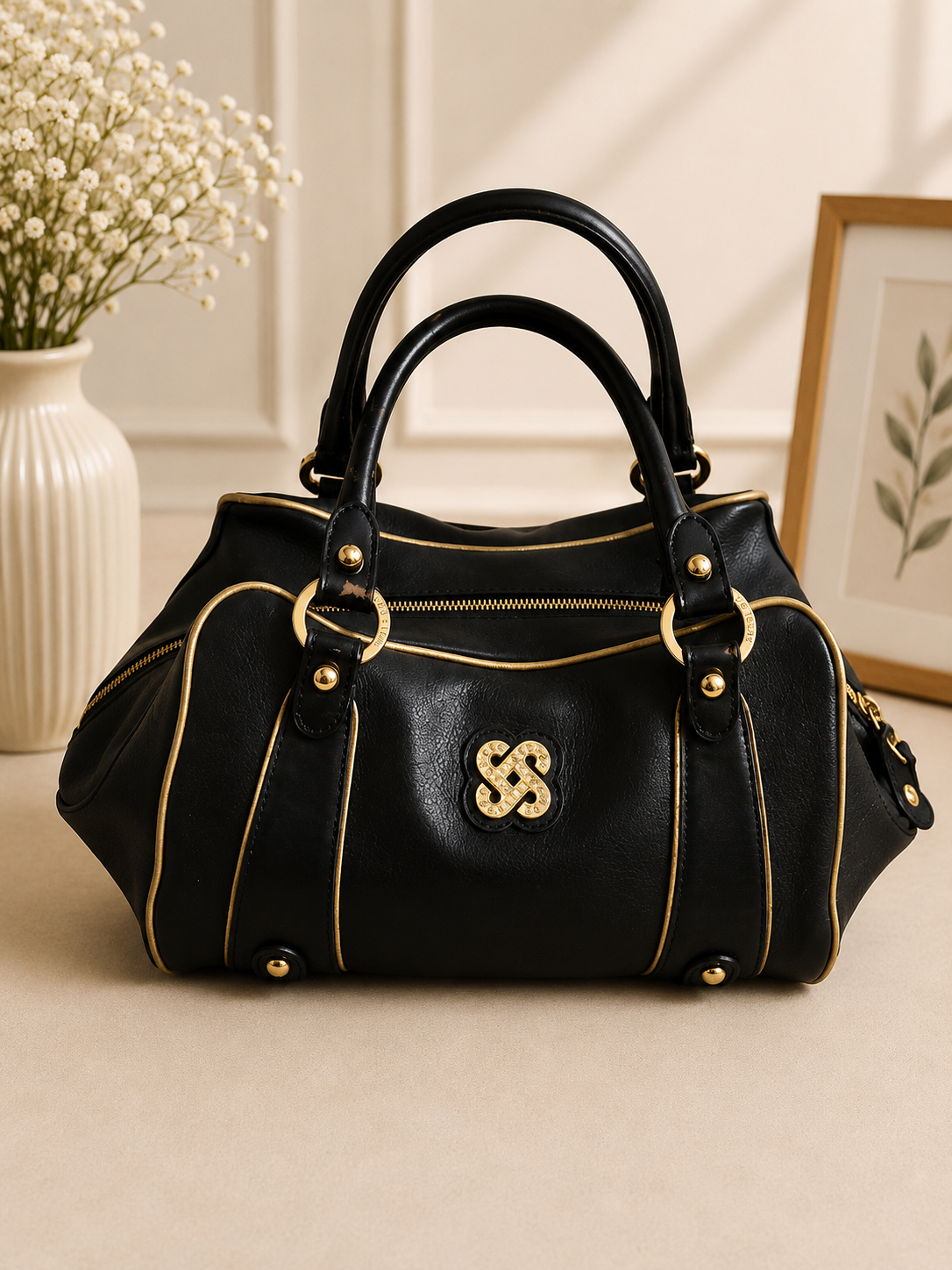 Pelle Borsa Black Satchel with Gold Detailing