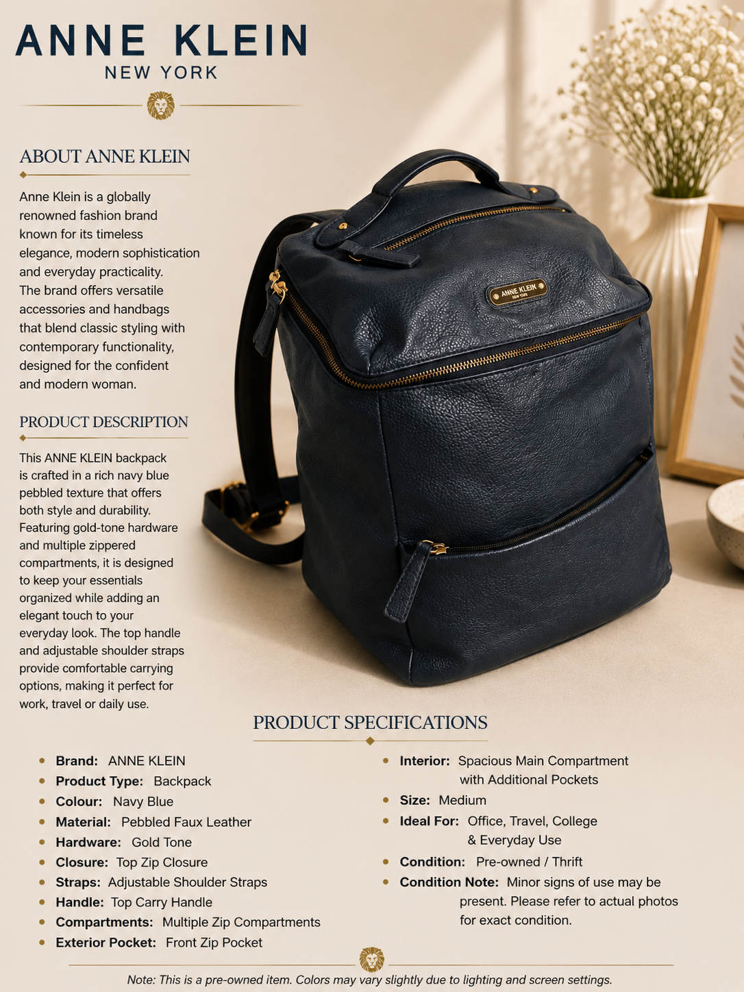 Anne Klein Navy Blue Textured Backpack