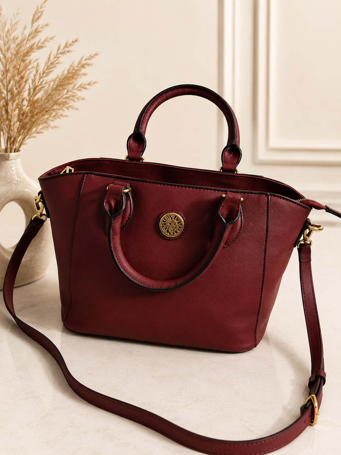 Anne Klein Burgundy Structured Satchel Bag