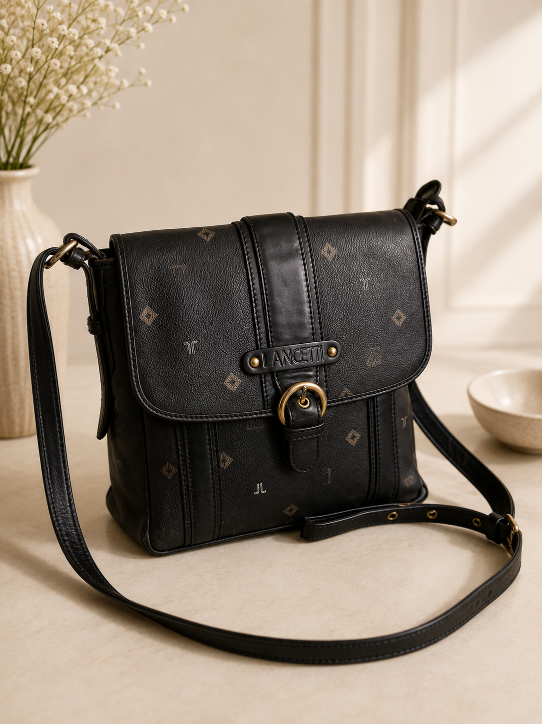 Lancetti Black Monogram Crossbody Bag