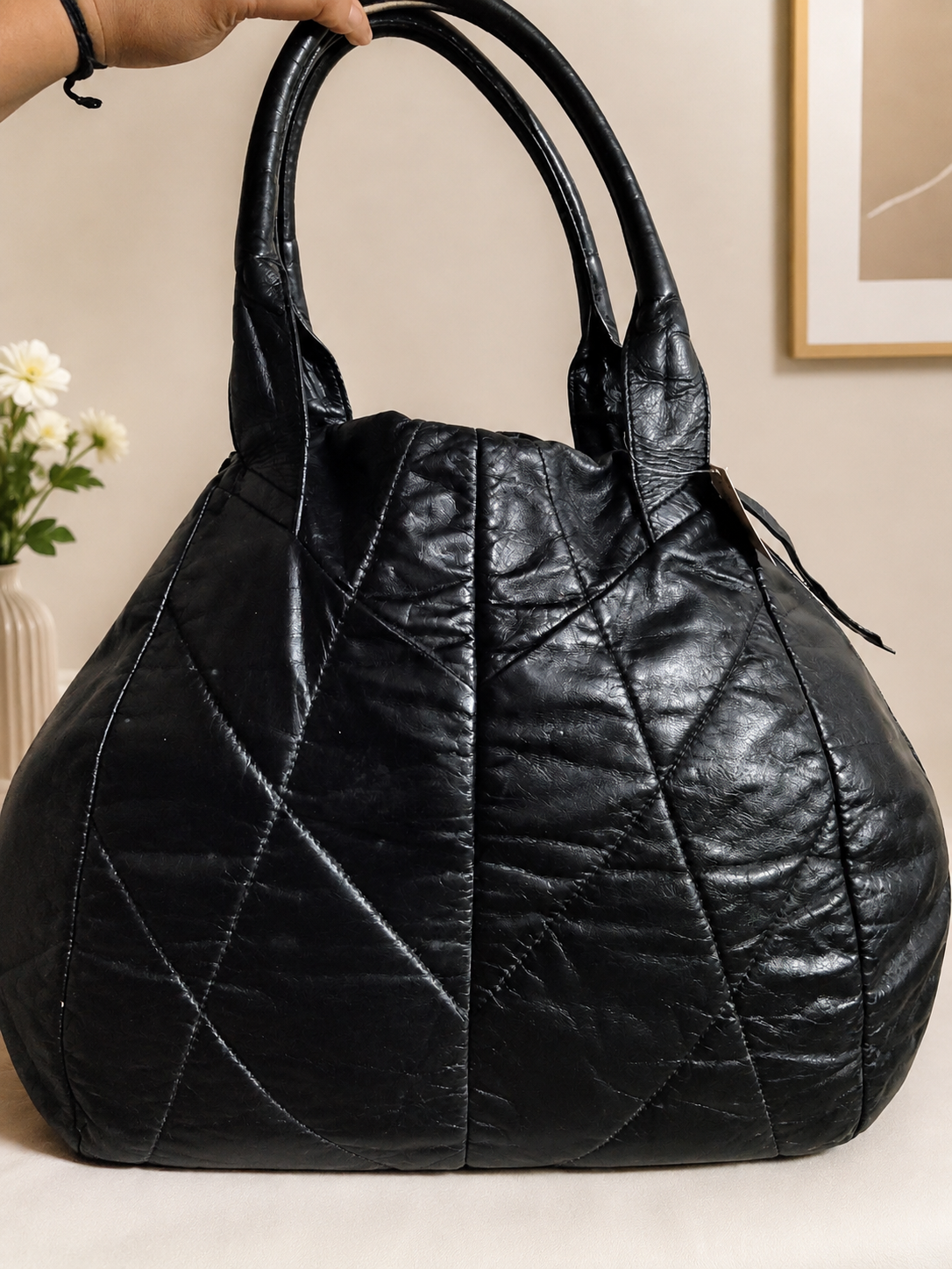 System Black Quilted Shoulder Tote Bag
