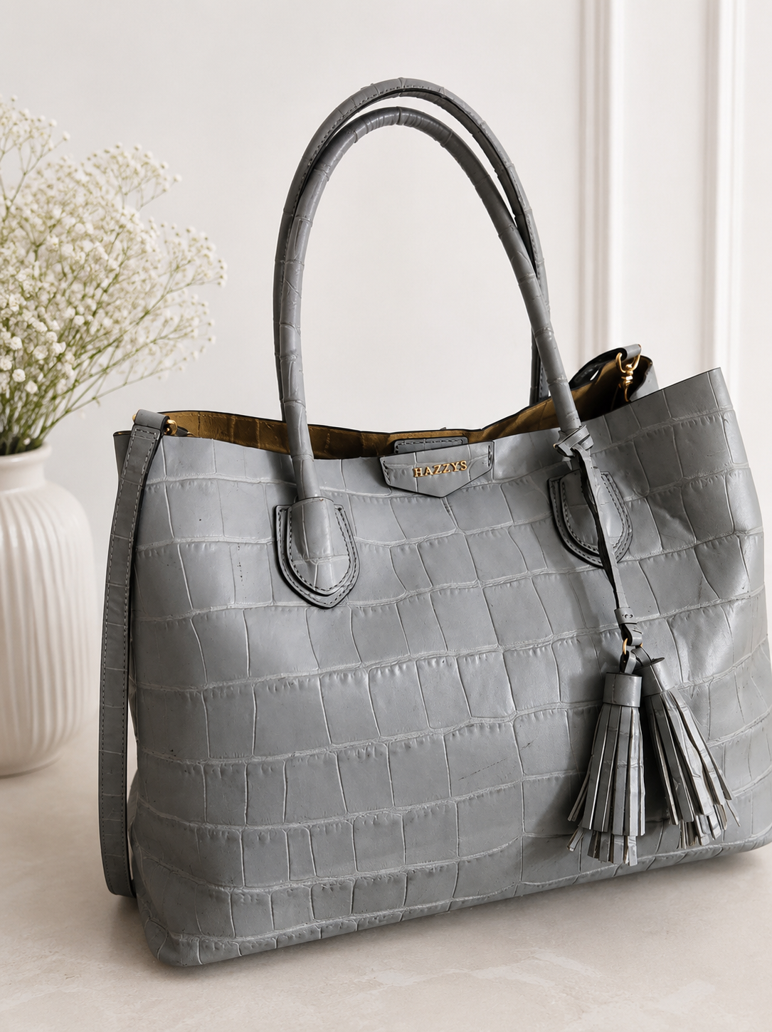 HAZZYS Crocodile-Embossed Gray Tote Bag