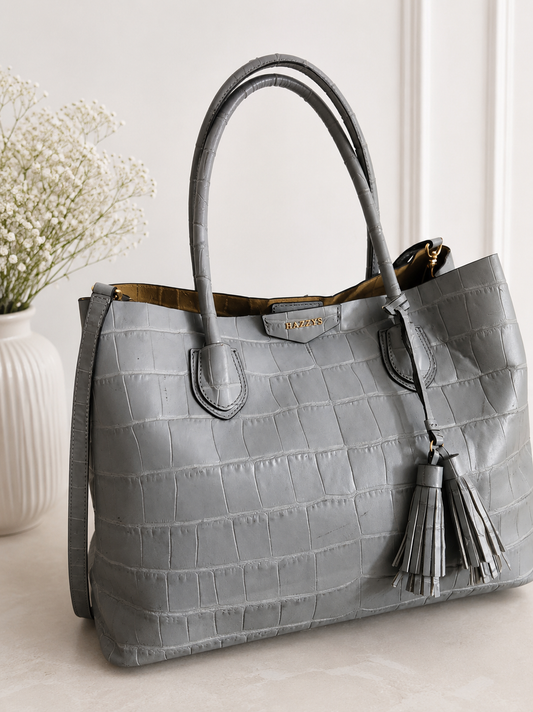 HAZZYS Crocodile-Embossed Gray Tote Bag