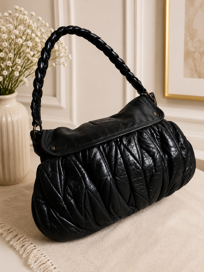 Black Leather Shoulder Bag with Braided Strap
