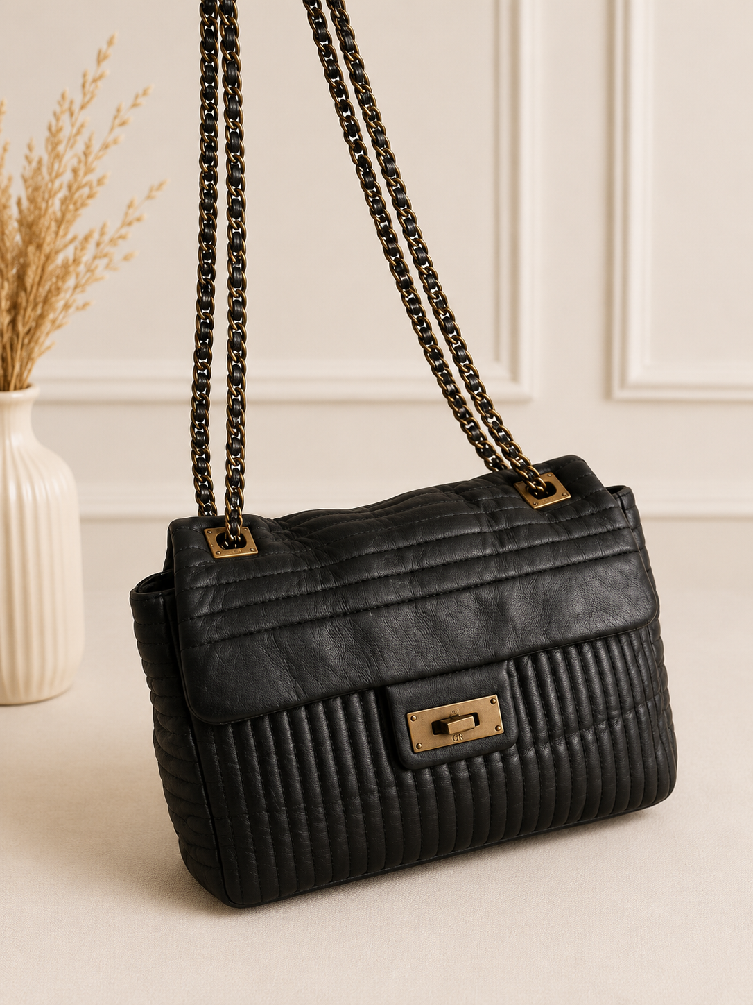 TIME Black Quilted Chain-Strap Shoulder Bag