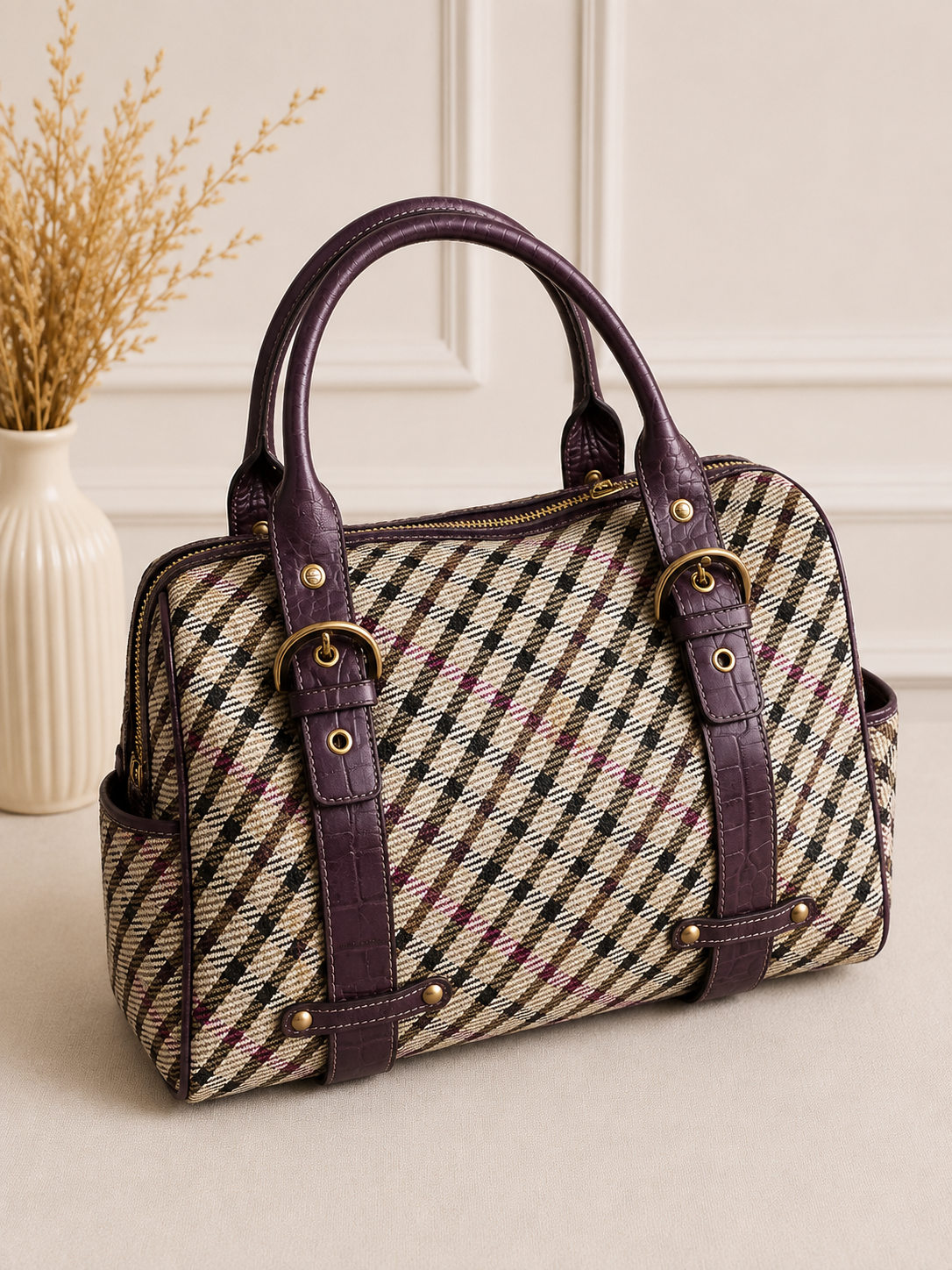 DAKS London Check Pattern Handbag with Burgundy Trim