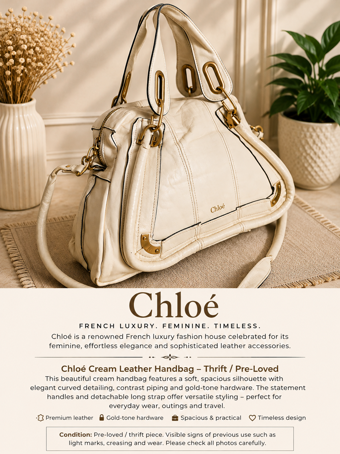 Cream Leather Handbag with Curved Panel Detail