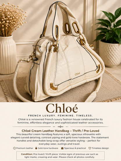 Cream Leather Handbag with Curved Panel Detail
