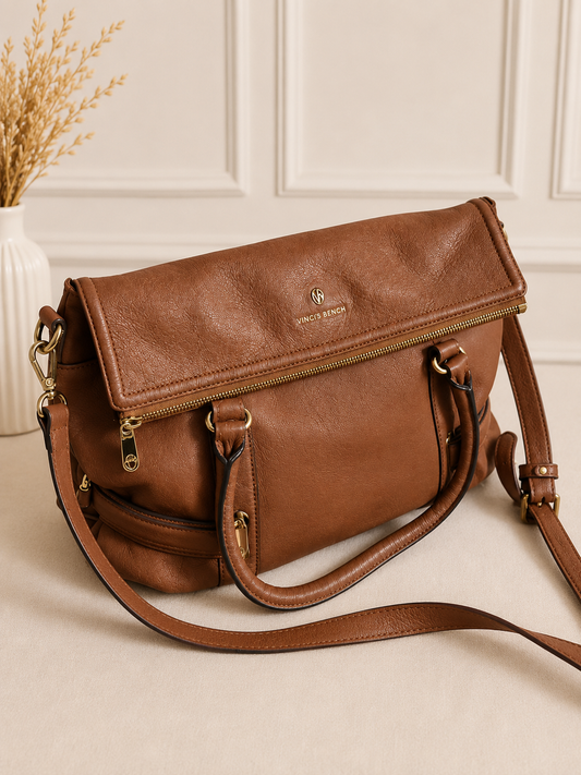 Vincis Bench Cognac Leather Fold-Over Handbag