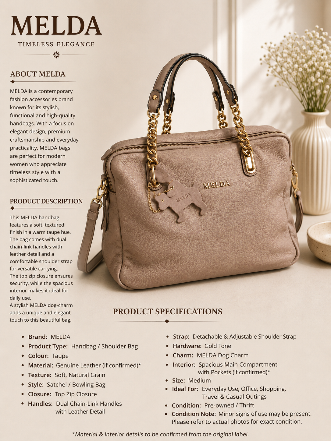 Melda Taupe Chain-Handle Satchel Bag