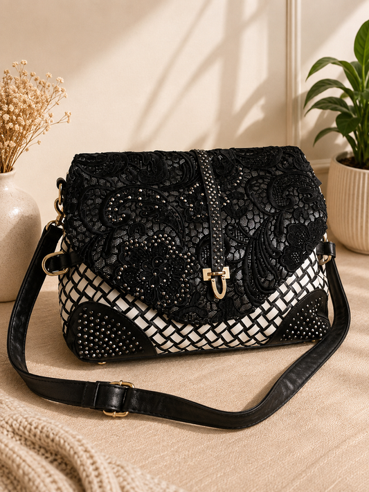 Black & White Embellished Statement Crossbody Bag – Premium Pre-Loved Collection