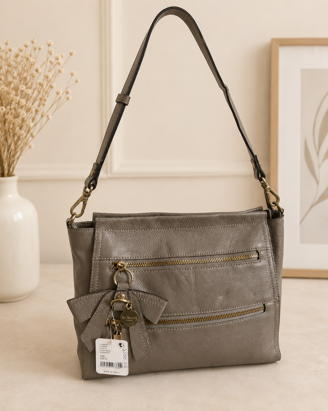 Elegance Paris Grey Shoulder Bag with Bow Charm
