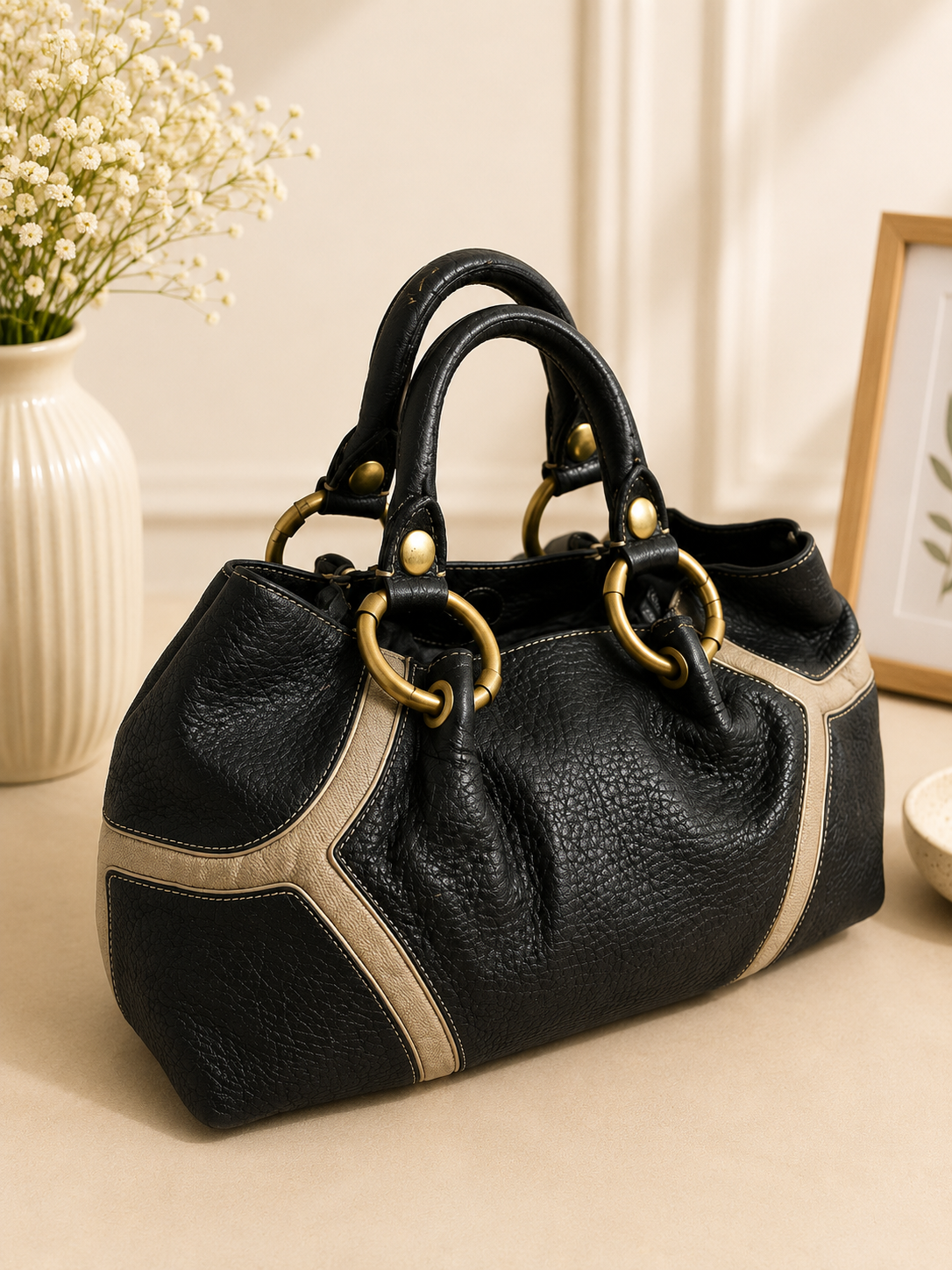 Kenneth Cole Black & Beige Colour-Block Satchel