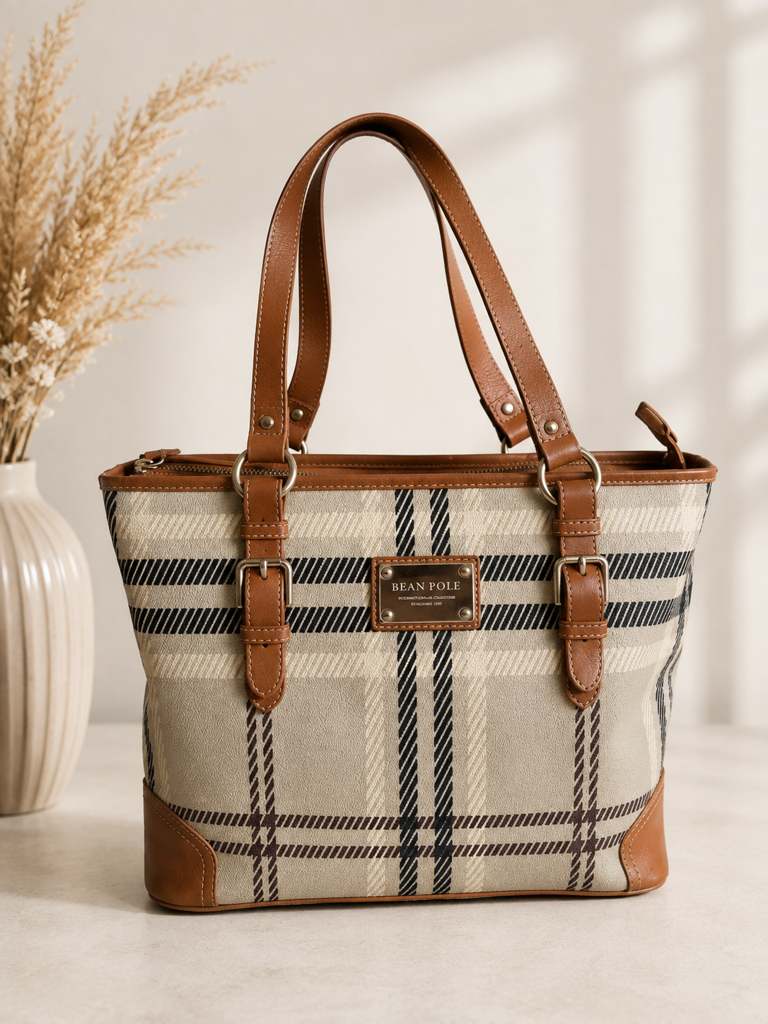 Beanpole Cream & Brown Check Tote Bag